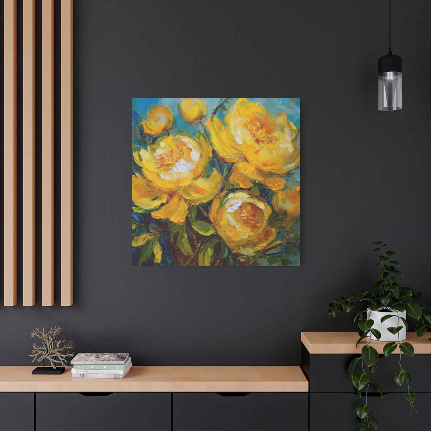 Yellow Peonies Print Canvas, Floral Oil Paint Print 20x20, 24x24, 30x30, 32x32, 36x36 Art Design Pine-Wood Inner Frame MC-120