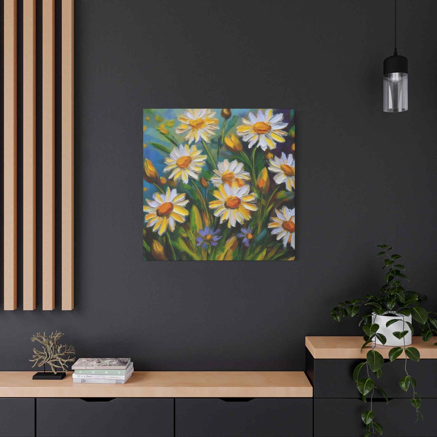 White Daisies Print Canvas, Floral Oil Paint Print 20x20, 24x24, 30x30, 32x32, 36x36 Art Design Pine-Wood Inner Frame MC-127