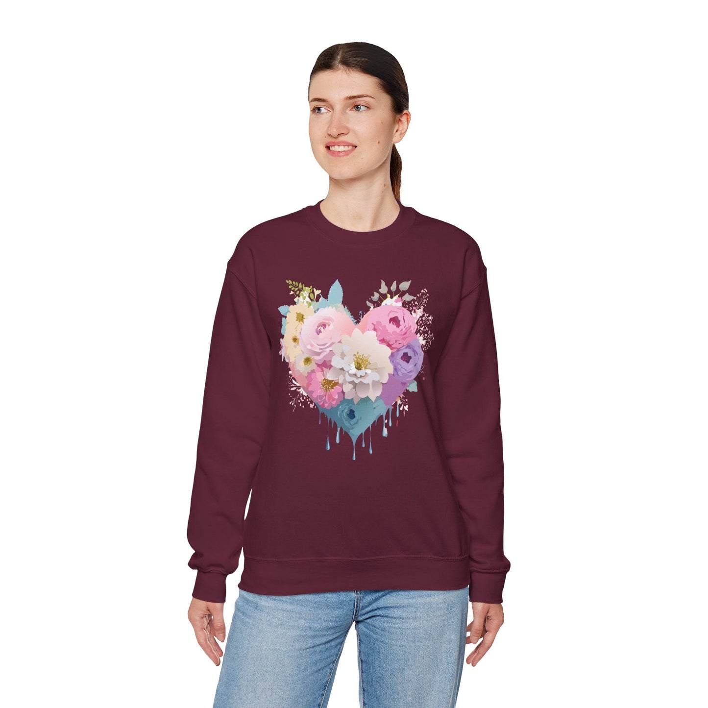 Floral Heart Unisex Crewneck Sweatshirt With Floral Love Valentines Day Design Premium Heavy Blend