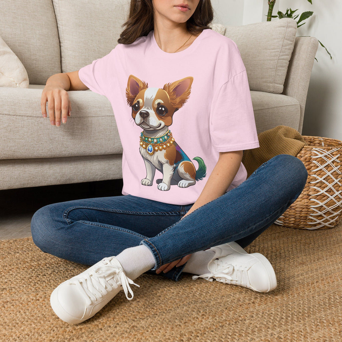 Chihuahua Pup Graphic T-Shirt — Cute Jewel-Collared Dog Graphic Design Unisex 100 Cotton Gildan T-Shirt