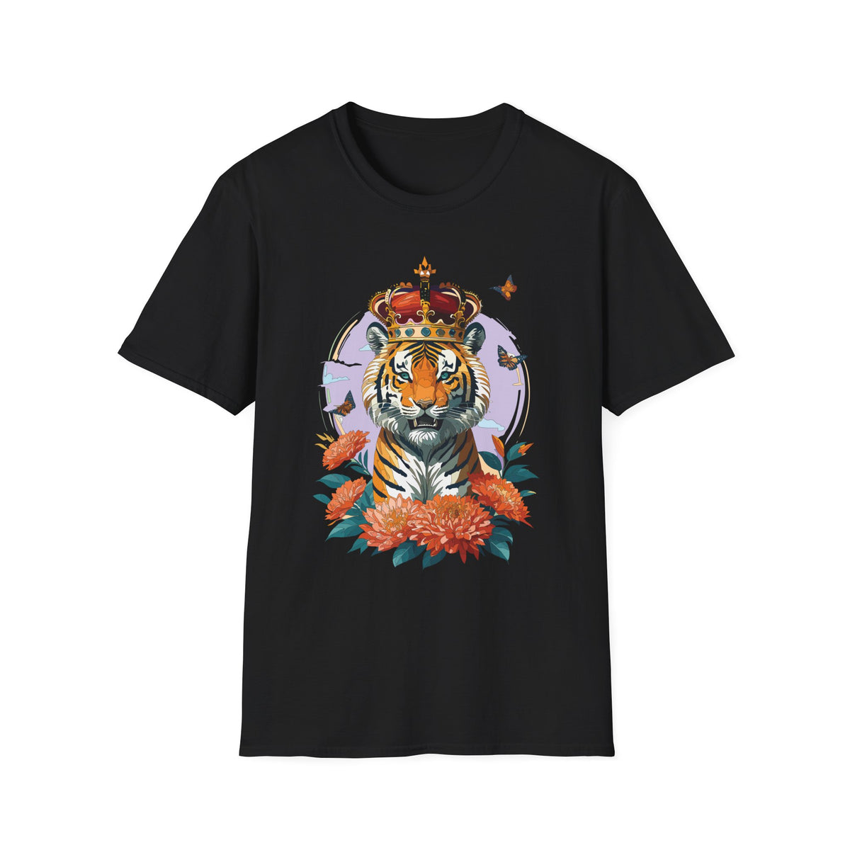 Tiger with Crown T-Shirt | Regal Tiger Artwork, Floral Accents - Unisex 100 Cotton Gildan 64000