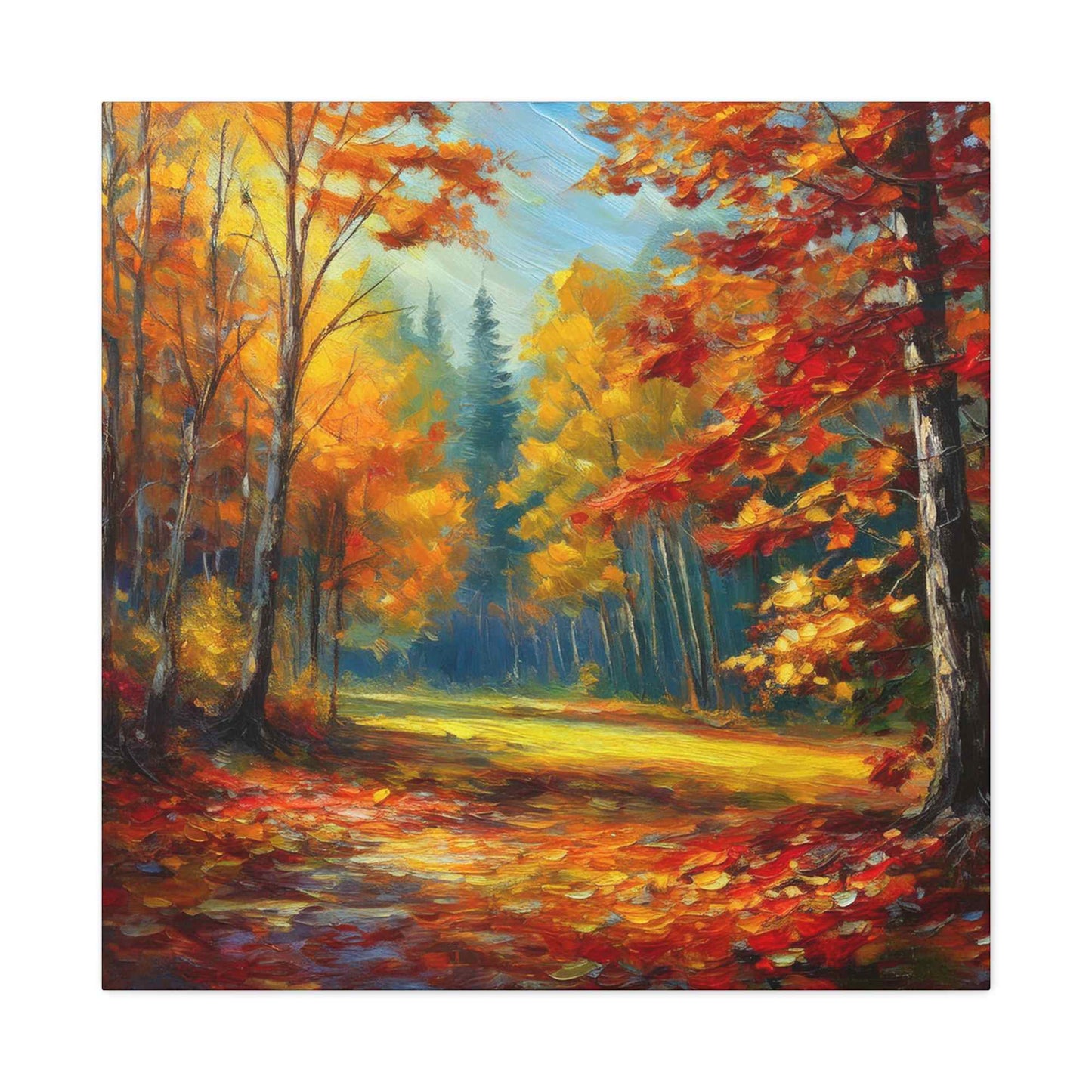 Fall Forest Print Canvas, Oil Paint Print 20x20, 24x24, 30x30, 32x32, 36x36 Art Design Print Pine-Wood Inner Frame MC-100