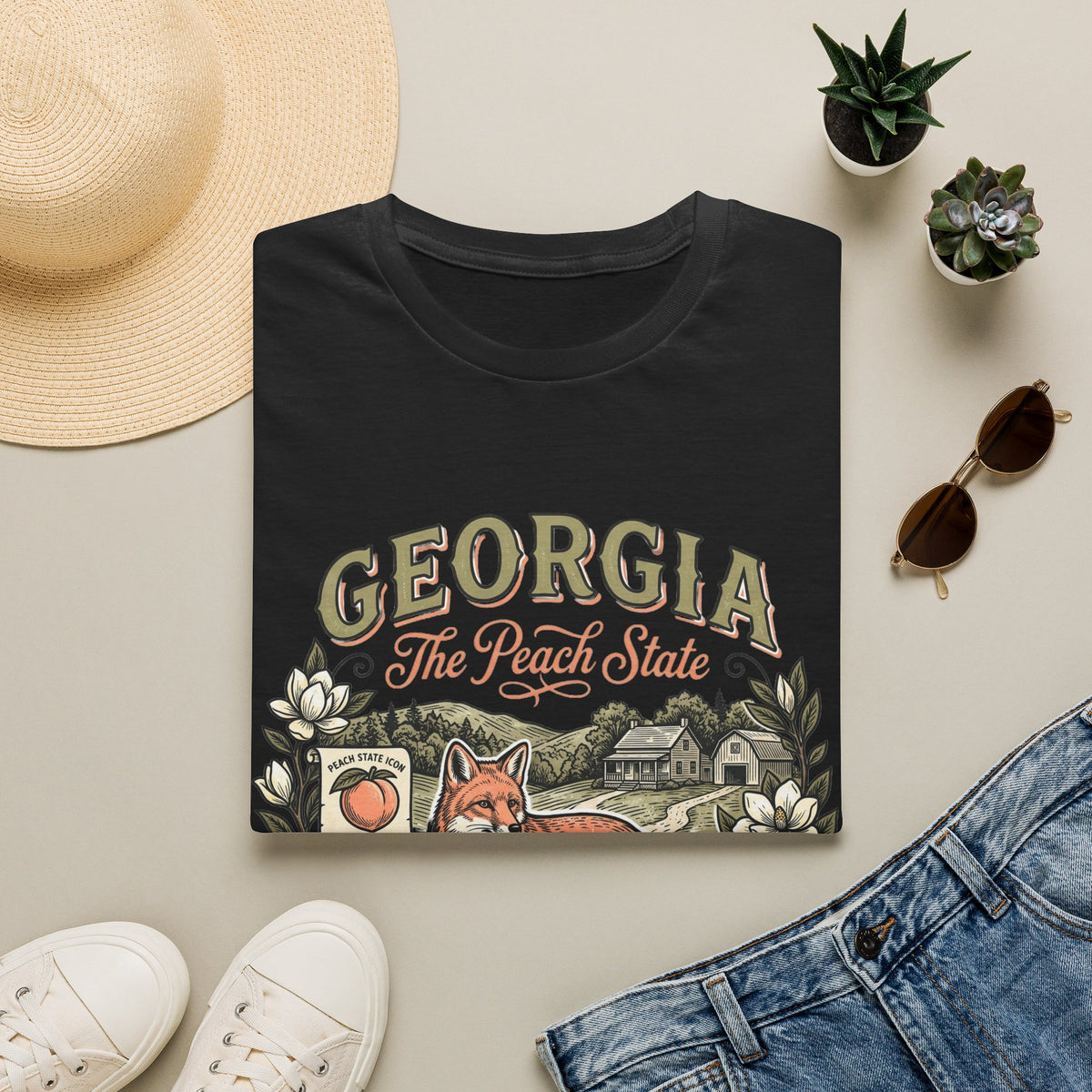 Georgia Fox T-Shirt — The Peach State Vintage Nature Travel Tourist Graphic Design Unisex 100 Cotton Gildan T-Shirt