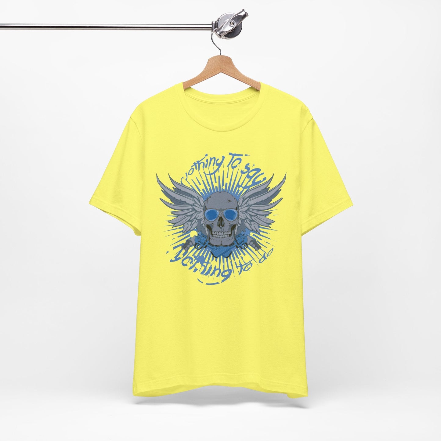 Winged Skull Graphic Tee | Blue Skull with Wings, Radiant Burst