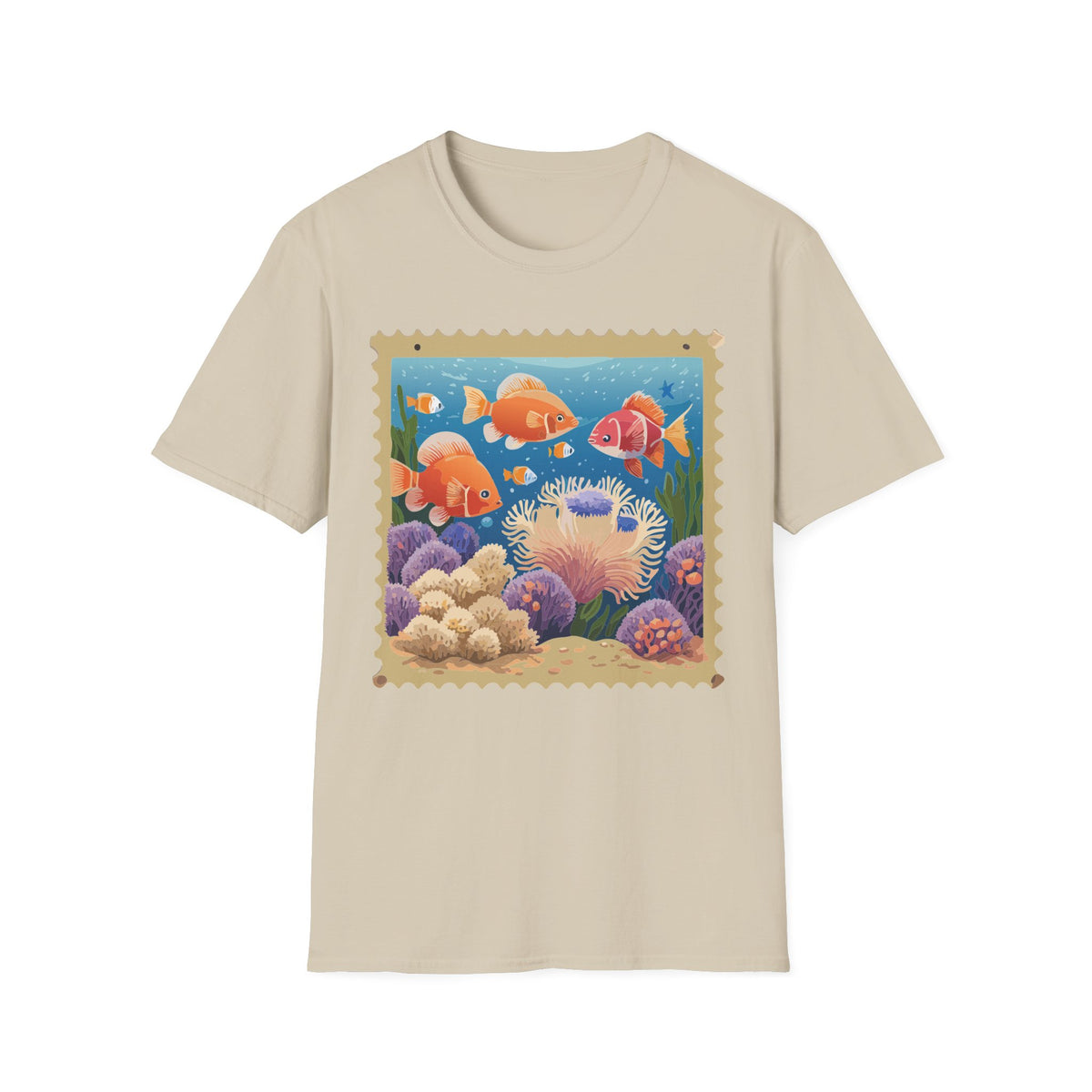 Goldfish Aquarium Illustration T-Shirt | Underwater Coral Reef Stamp Graphic Tee Unisex 100 Cotton Gildan T-Shirt