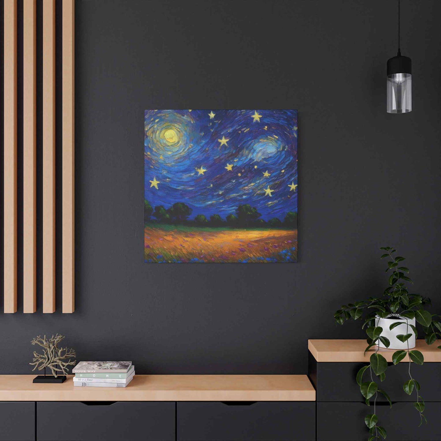 Starry Night Print Canvas, Oil Paint Print 20x20, 24x24, 30x30, 32x32, 36x36 Art Design Print Pine-Wood Inner Frame MC-39