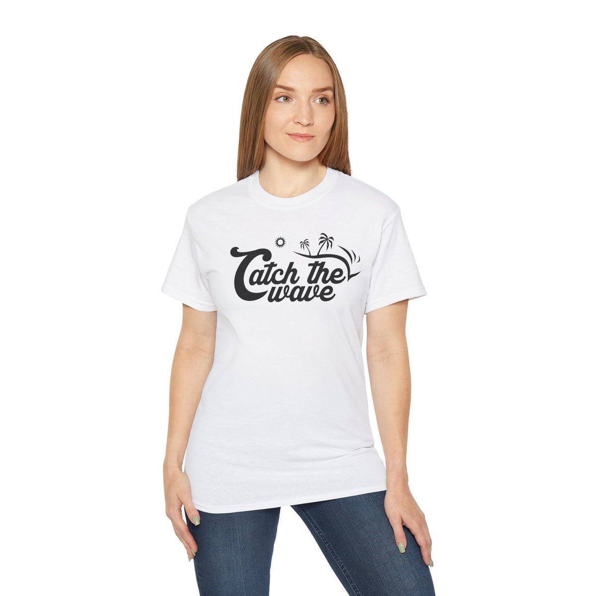 Catch the Wave Tee | Surf Script Typography, Palm Trees, Beach Vibes