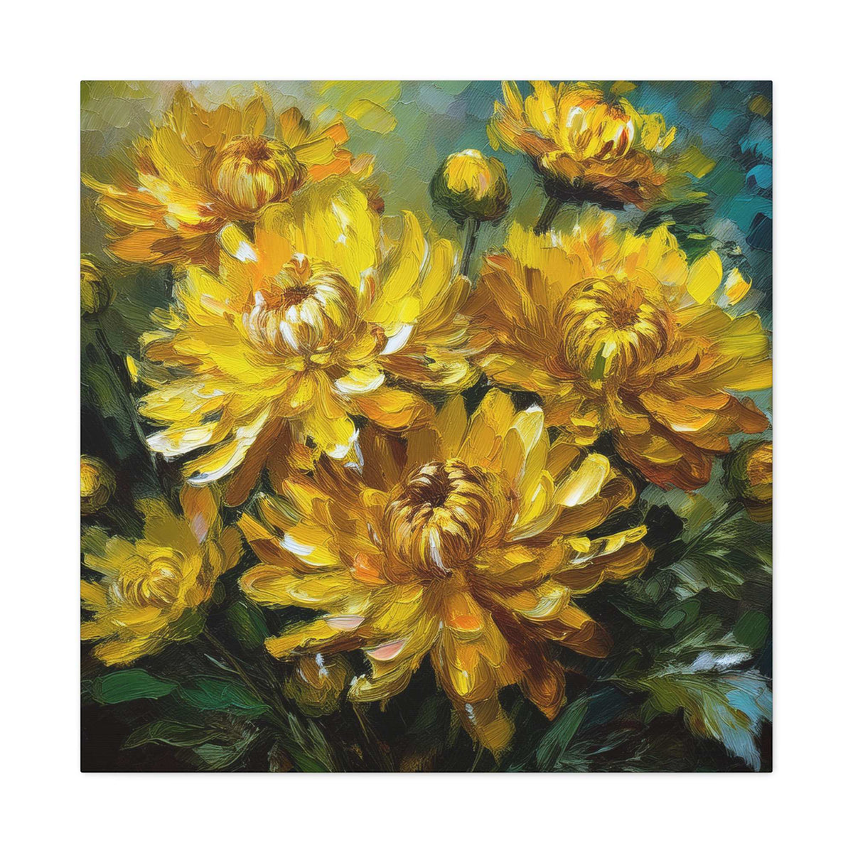 Chrysanthemums Print Canvas, Floral Oil Paint Print 20x20, 24x24, 30x30, 32x32, 36x36 Art Design Pine-Wood Inner Frame MC-162