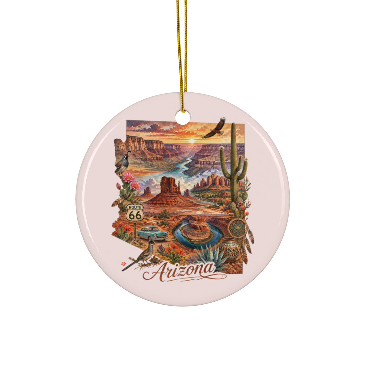 Arizona Desert Scene Ceramic Ornament -2.99" Includes Gold String | Route 66 Southwestern Landscape
