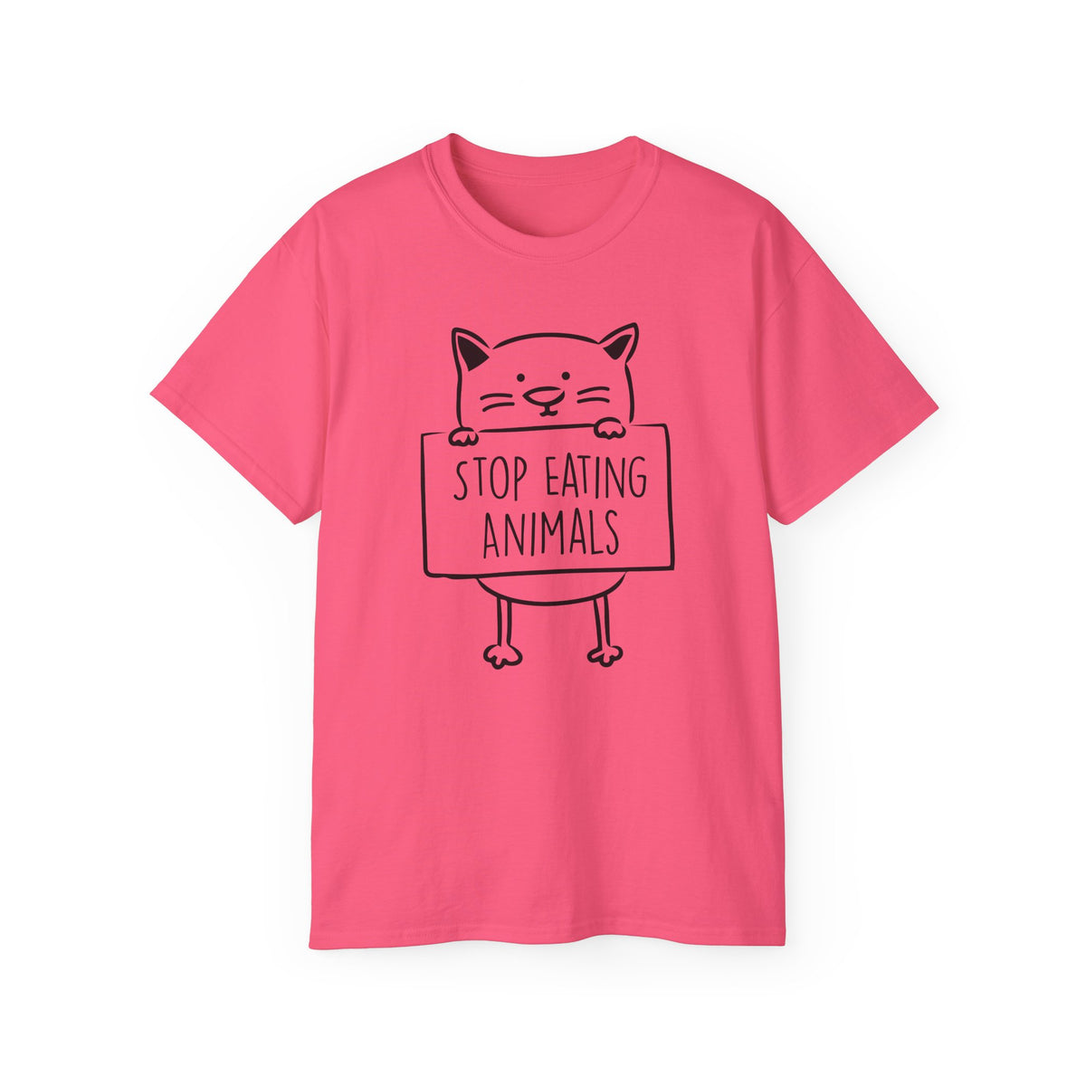 Cat Holding Sign Stop Eating Animals T-Shirt | Vegan Animal Rights Tee
