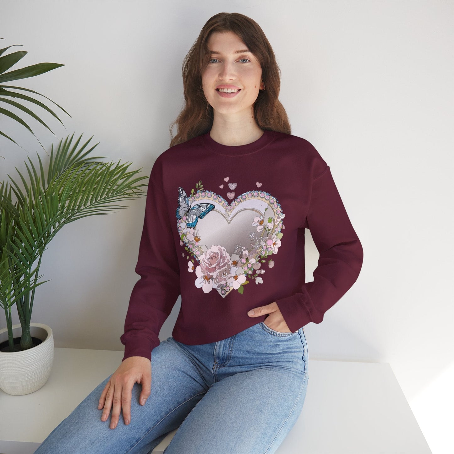 Unisex Floral Heart Sweatshirt For Valentines Day With Floral Love Print Crewneck Heavy Blend