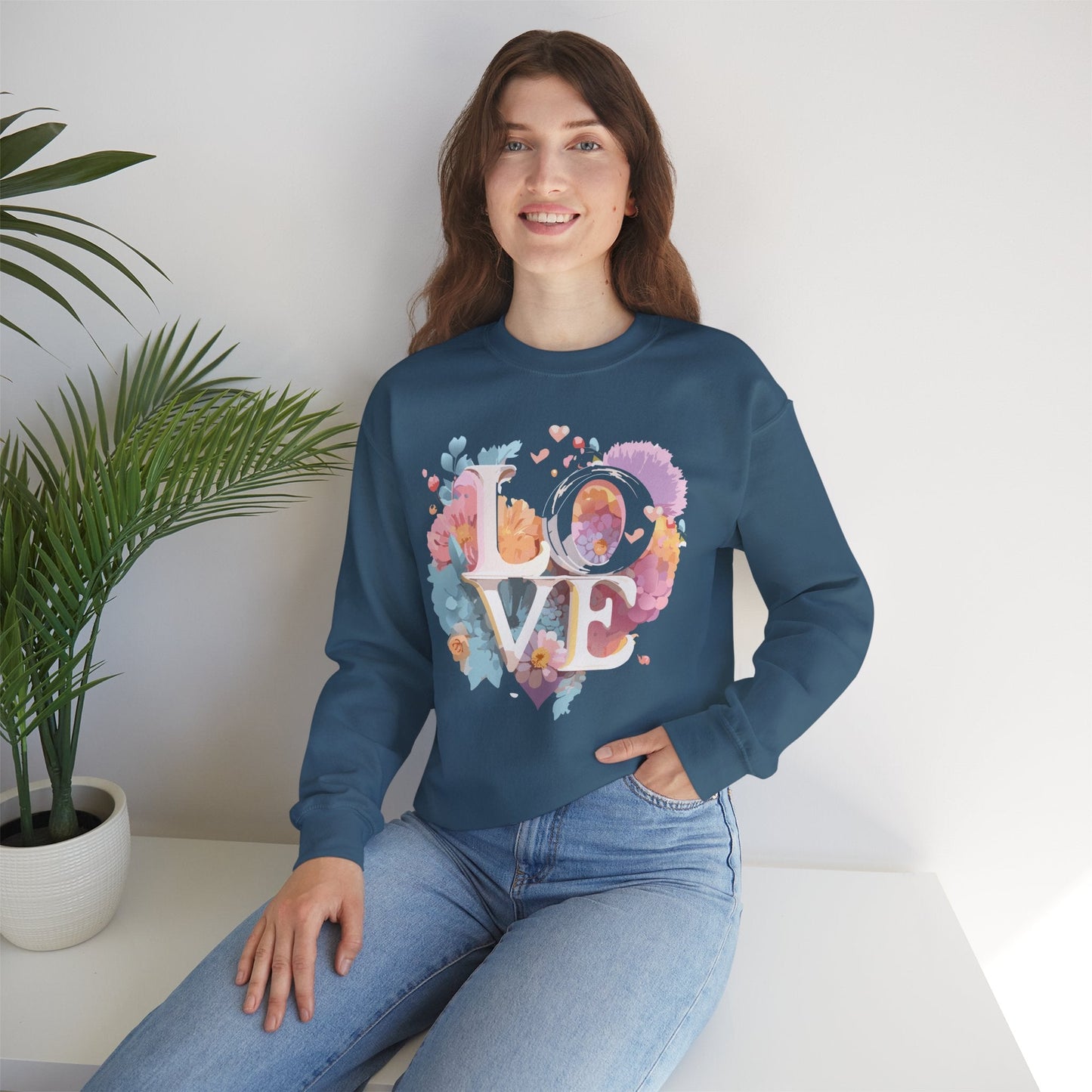 Floral Love Sweatshirt For Valentines Day Unisex Crewneck 50 50 Cotton Polyester Gildan 18000