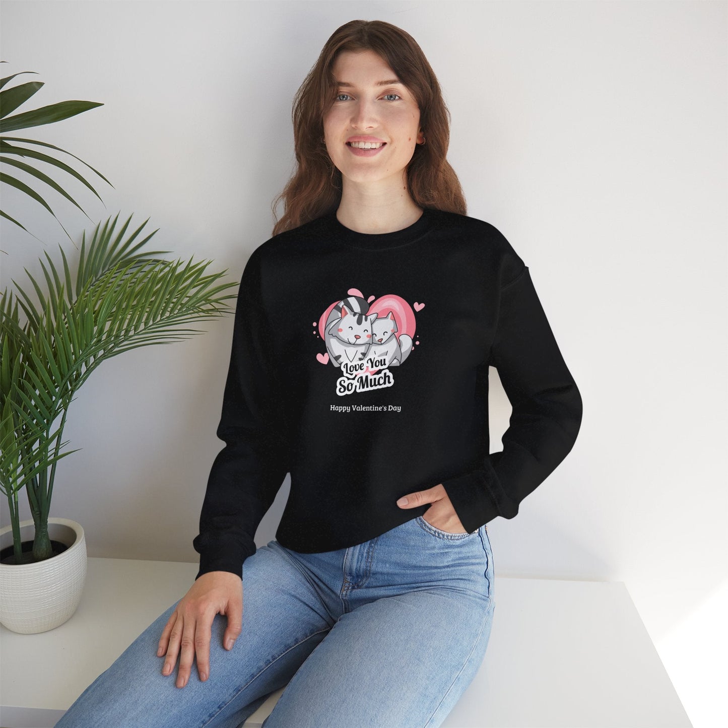 Cat Heart Sweatshirt Valentines Day Unisex 50 50 Cotton Poly Crewneck Gildan 18000