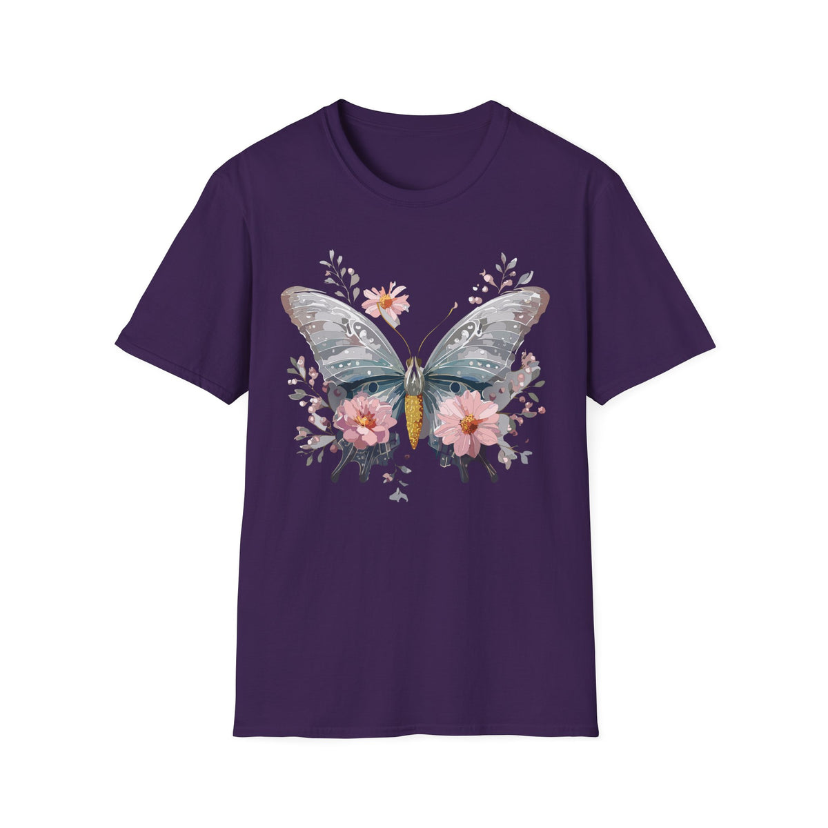 Butterfly Floral T‑Shirt — Watercolor Moth & Pink Flowers Graphic Tee Unisex 100 Cotton Gildan T-Shirt