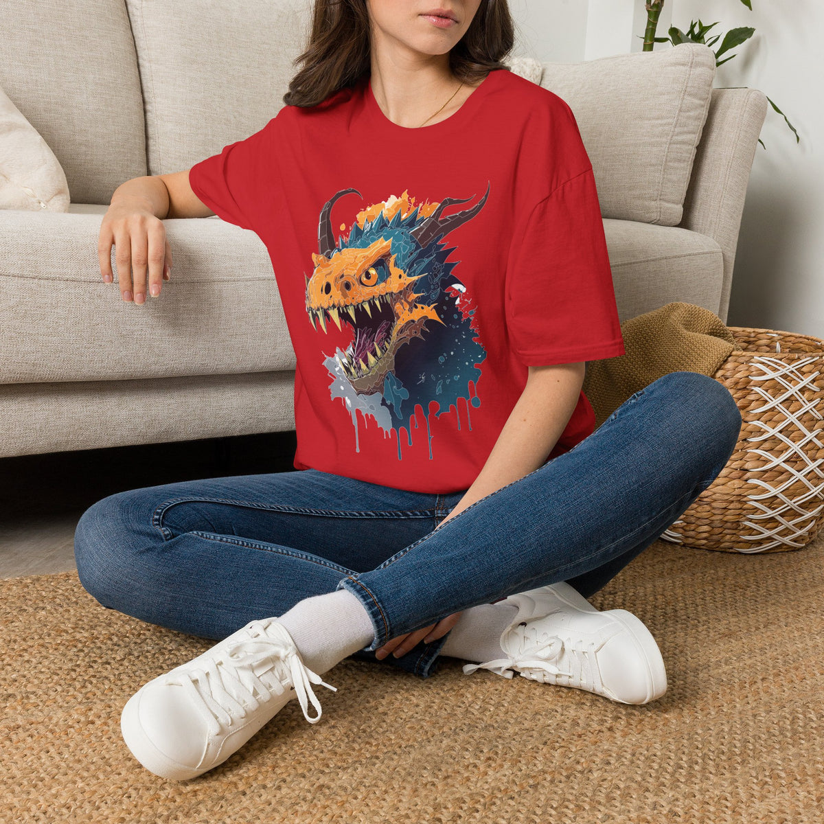 Dragon Head Graphic T-Shirt — Fiery Monster Art Cartoon Graphic Tee Unisex 100 Cotton Gildan T-Shirt