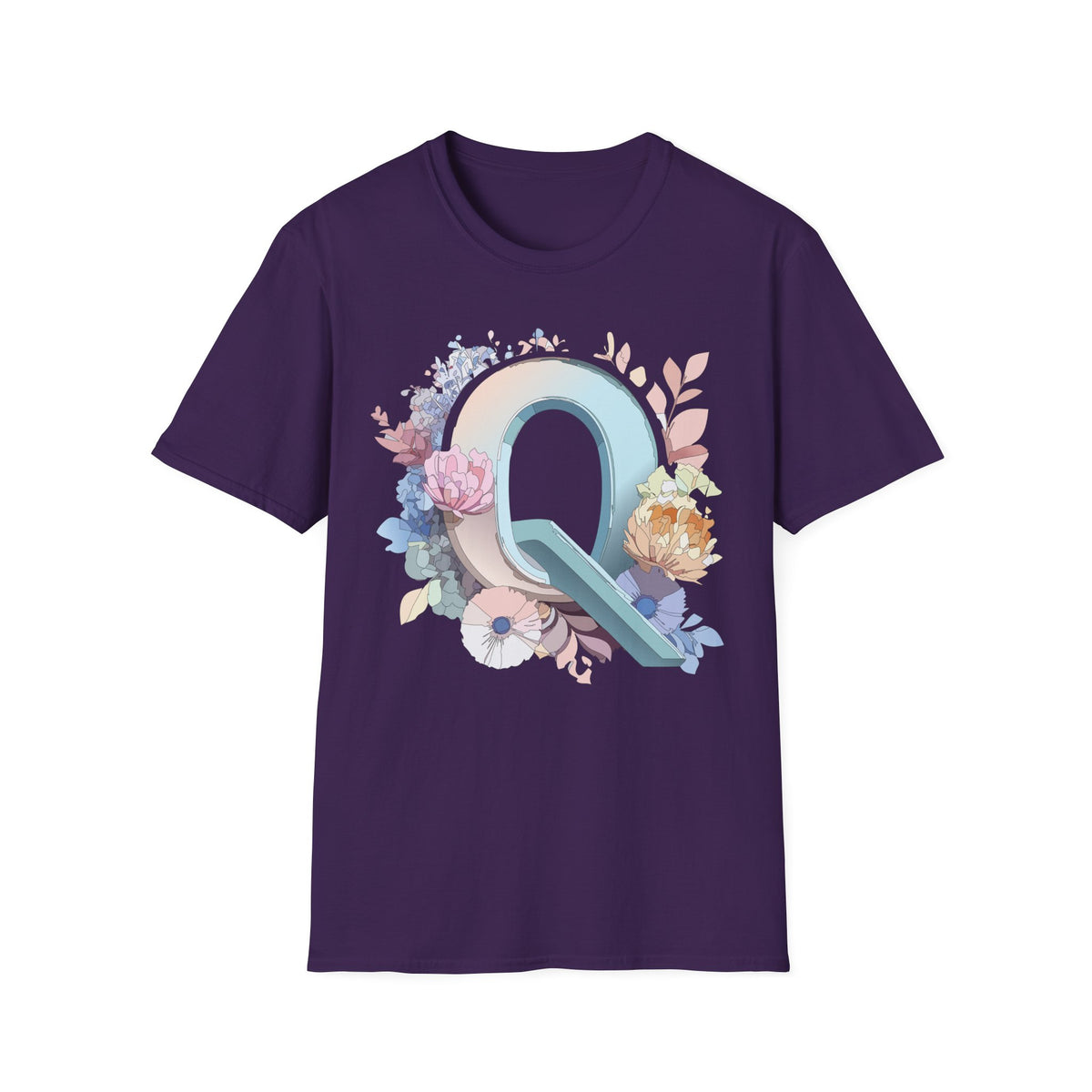 Floral Letter Q T-Shirt | Monogram Initial Tee, Pastel Botanical Alphabet
