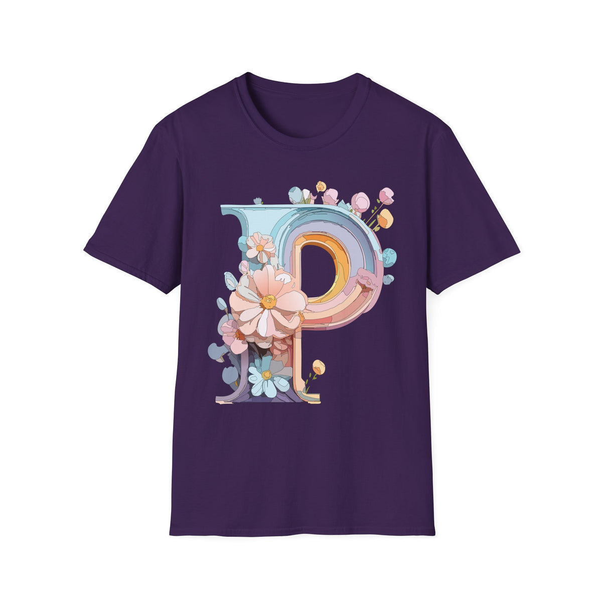 Floral Letter P T-Shirt | Pastel Rainbow Monogram Tee