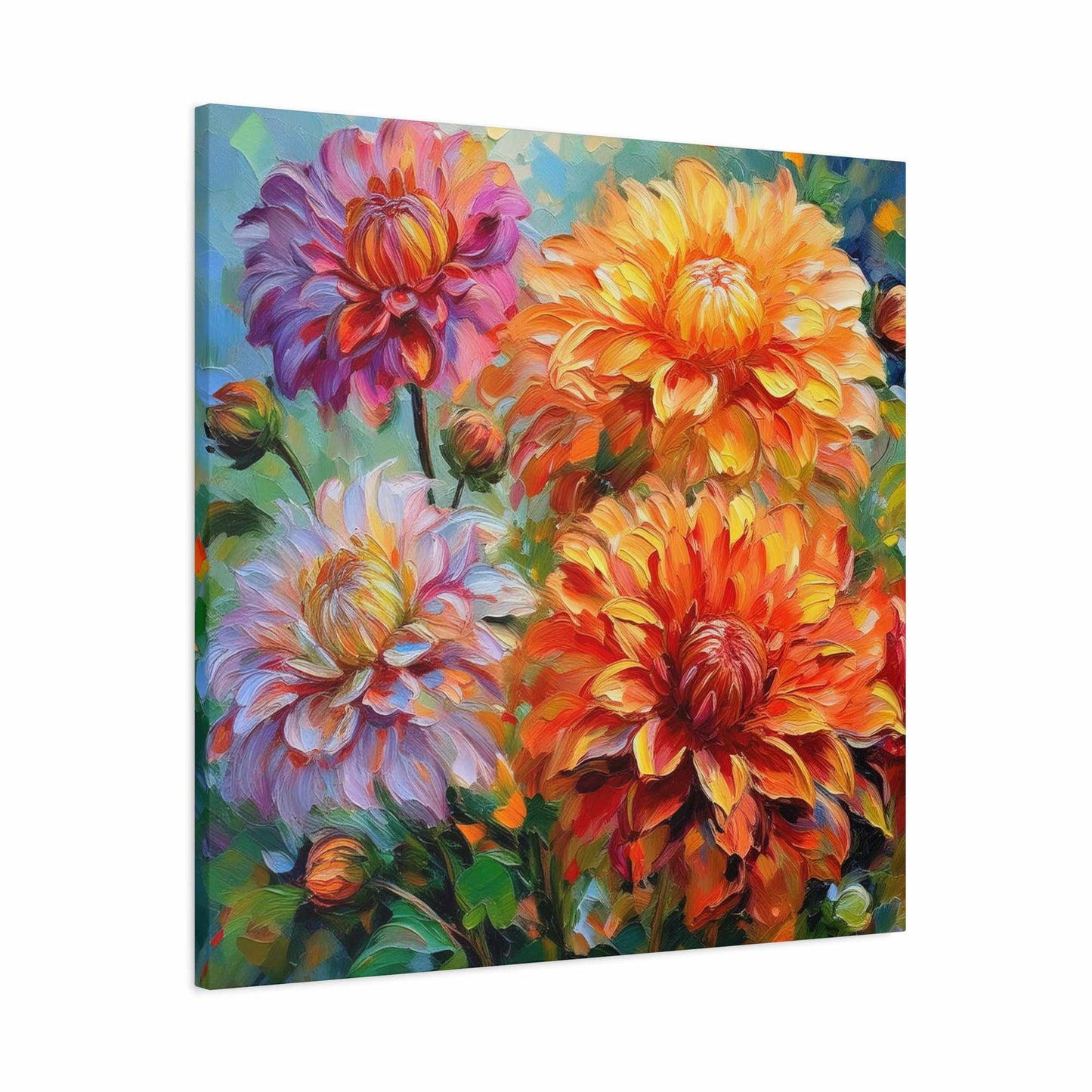 Dahlias Floral Print Canvas, Floral Oil Paint Print 20x20, 24x24, 30x30, 32x32, 36x36 Art Design Pine-Wood Inner Frame MC-166