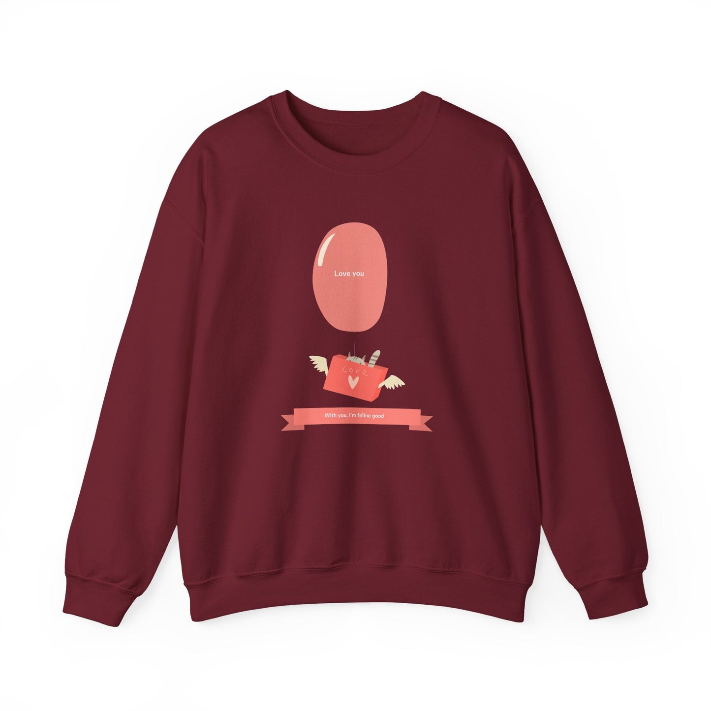 Cat Love Balloon Sweatshirt Unisex Fifty Fifty Cotton Poly Valentine Heavy Blend Crewneck Sweatshirt