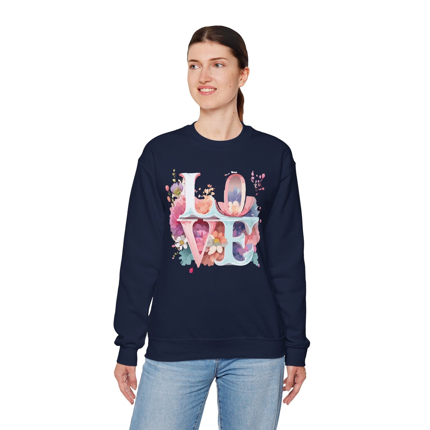 Floral Love Sweatshirt Valentines Day Flower Print Unisex Crewneck Heavy Blend Cotton Polyester