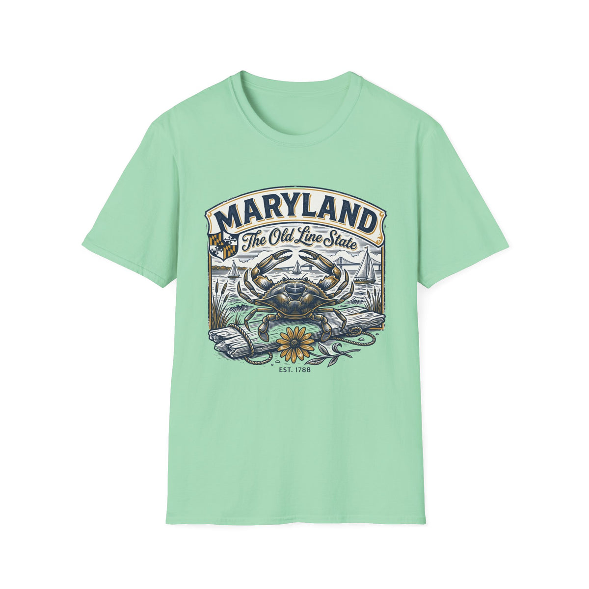 Maryland The Old Line State T-Shirt — Blue Crab Chesapeake Vintage Travel Tourist Graphic Design Unisex 100 Cotton Gildan T-Shirt