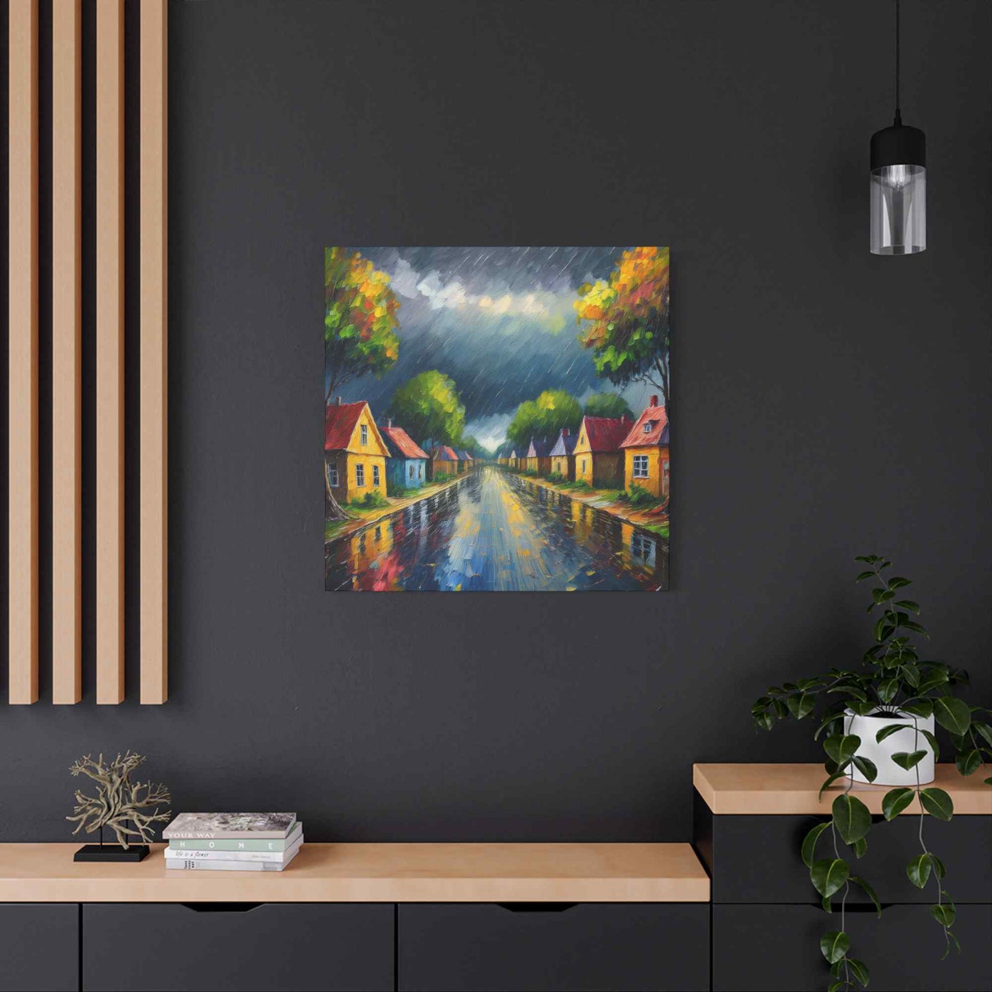 Rainy Village Street Canvas, Matte Oil Paint Print 20x20, 24x24, 30x30, 32x32, 36x36, Art Design Print Non-Frame MC-3