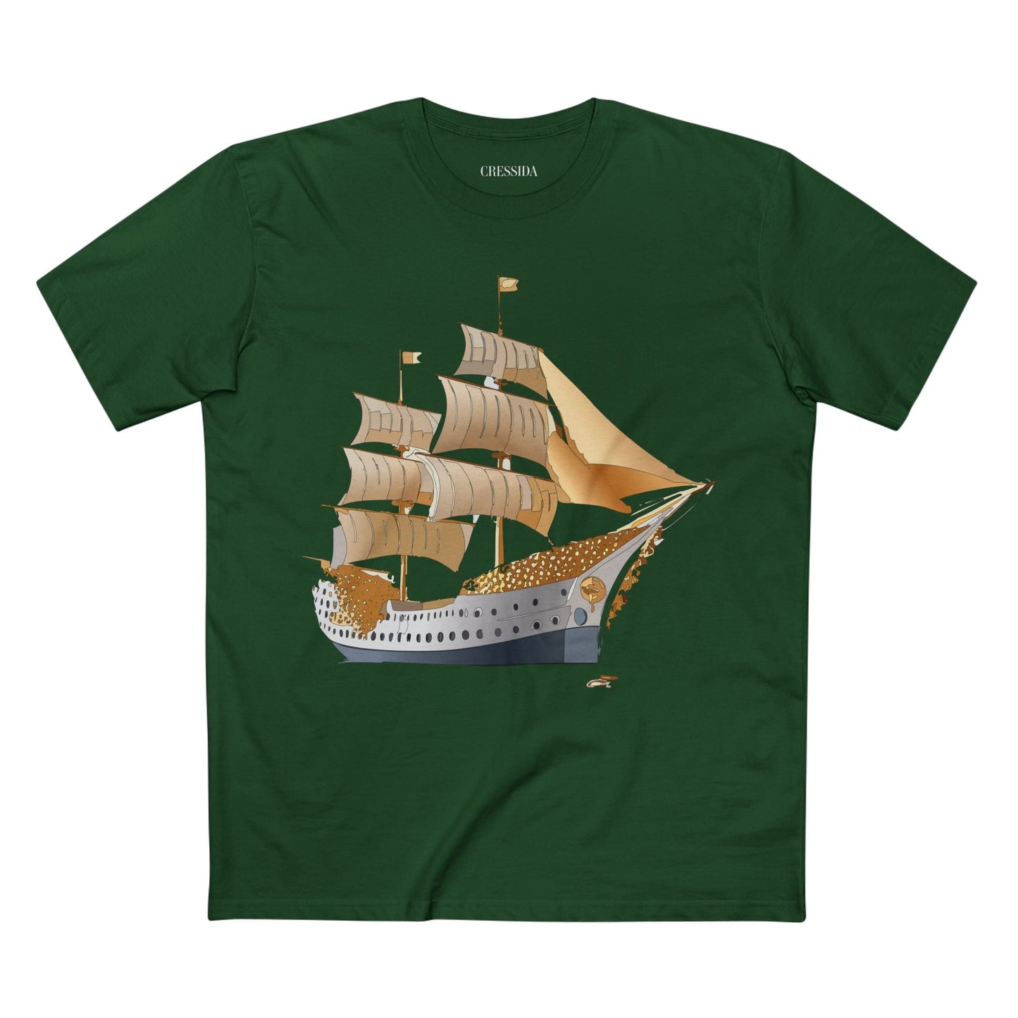 Ship Graphic Unisex 100 Cotton T-Shirt with Gold Frigate Art Design 25