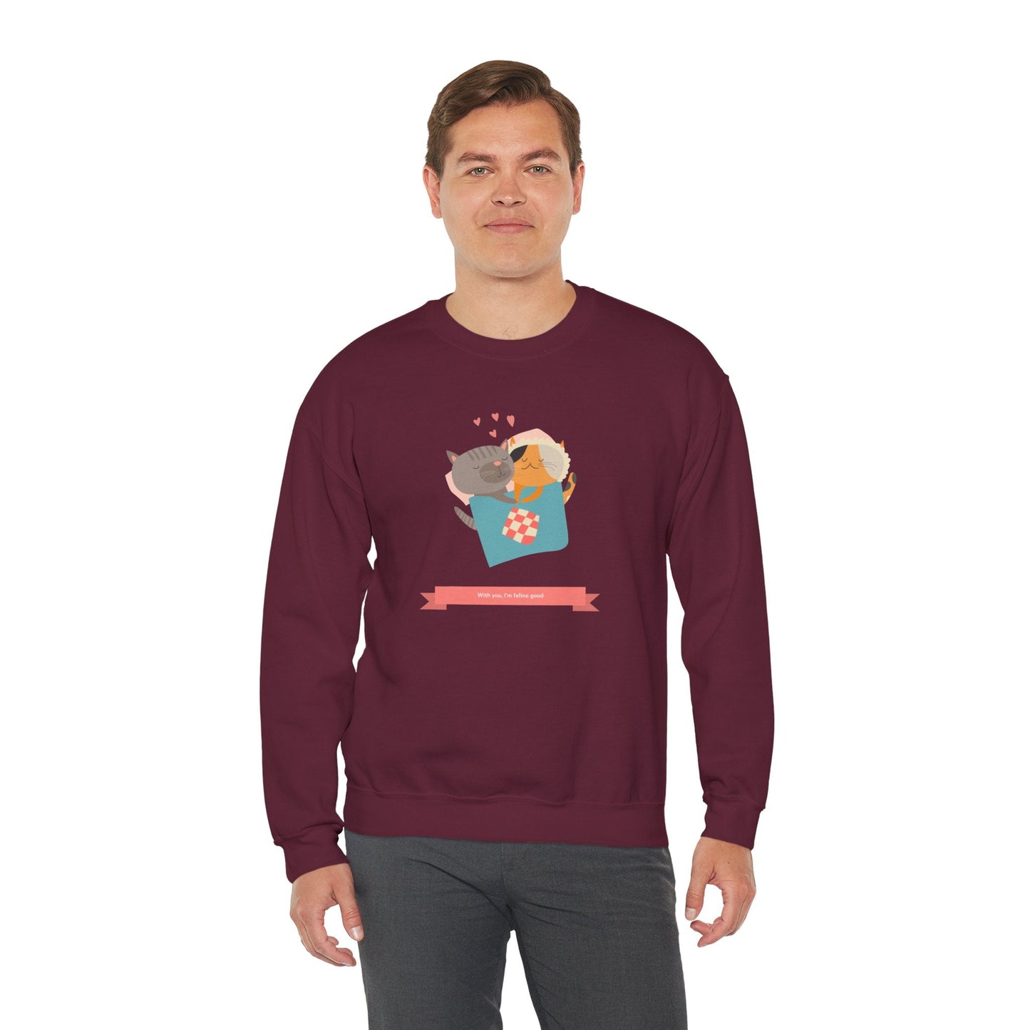 Cat Heart Sweatshirt Unisex Valentines Day 50 50 Cotton Poly Crewneck Gildan 18000