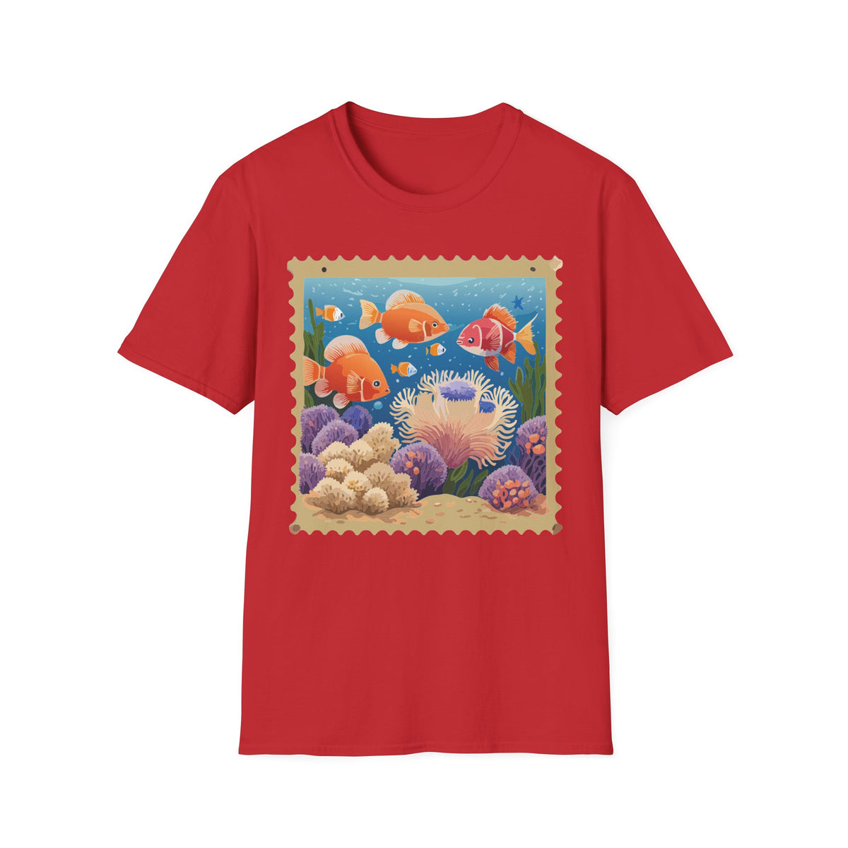 Goldfish Aquarium Illustration T-Shirt | Underwater Coral Reef Stamp Graphic Tee Unisex 100 Cotton Gildan T-Shirt