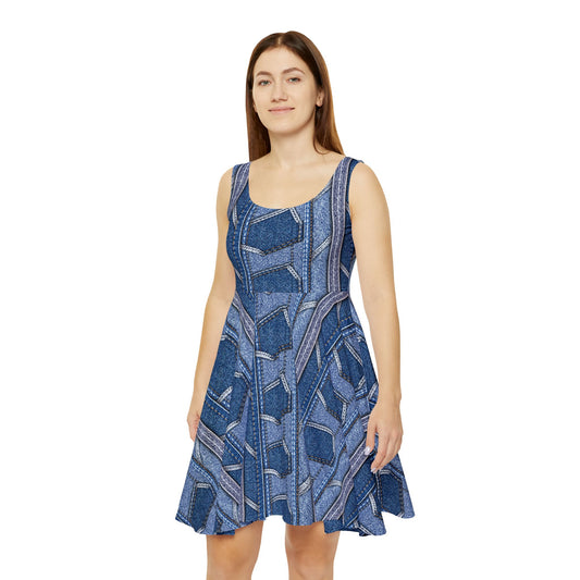 Women Denim Print Skater Dress, Denim Print Poly-Span Dress - 29