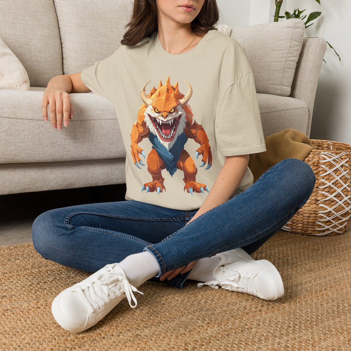 Monster Graphic T-Shirt — Fierce Orange Demon Creature Cartoon Graphic Tee Unisex 100 Cotton Gildan T-Shirt