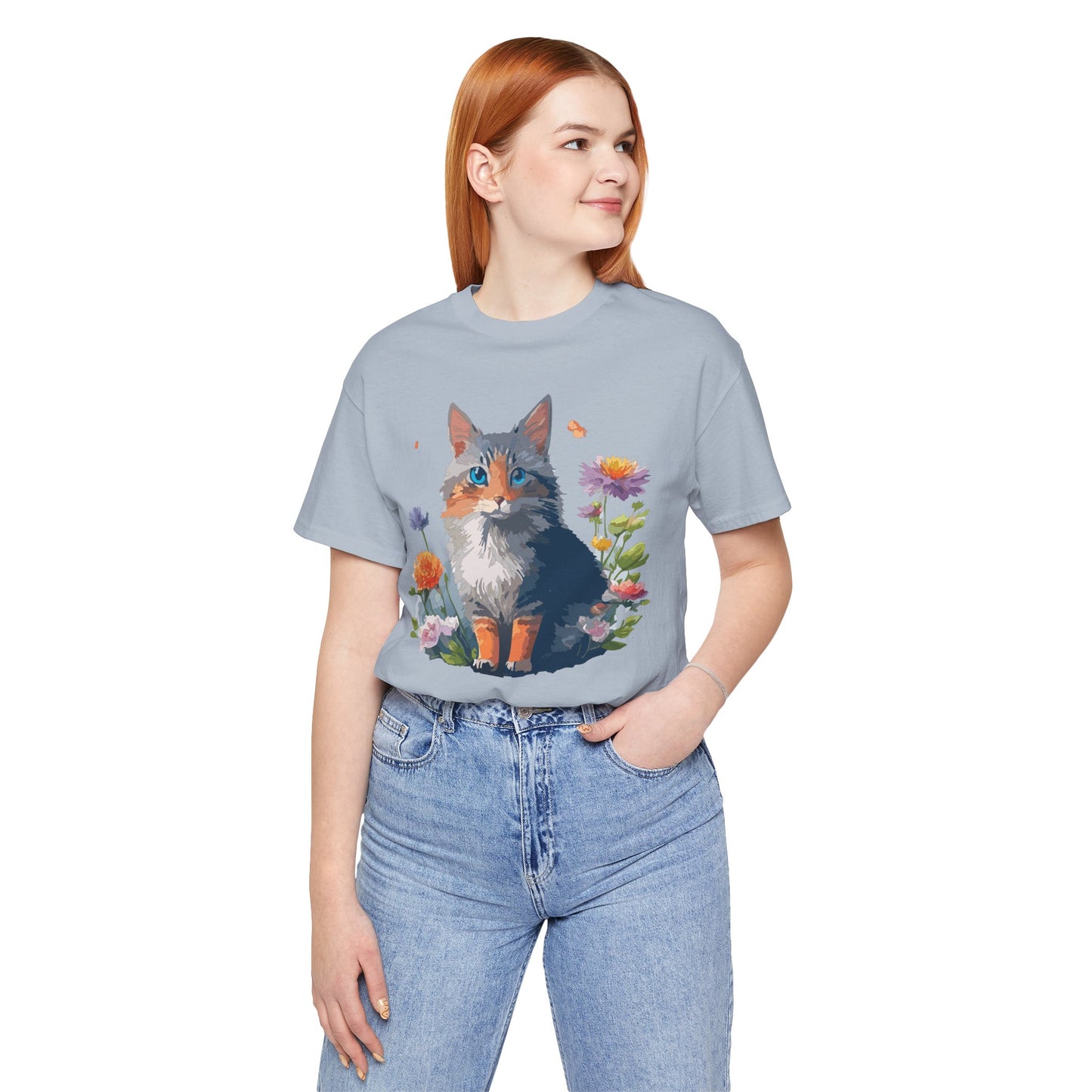 Floral Cat Tee, Animal Shirt, Cat Shirt, Floral Tee, Flower T-shirt, T-Shirt with Animal, Summer Top with Art Design