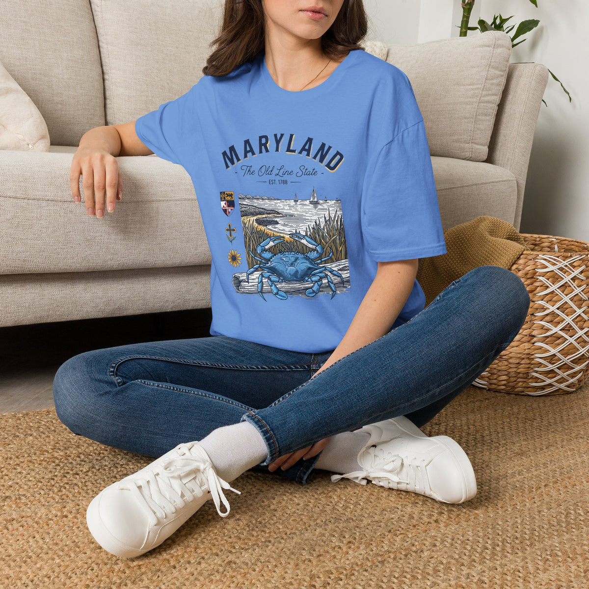 Maryland Blue Crab Scenic T-Shirt — The Old Line State Coastal Design Travel Tourist Graphic Design Unisex 100 Cotton Gildan T-Shirt