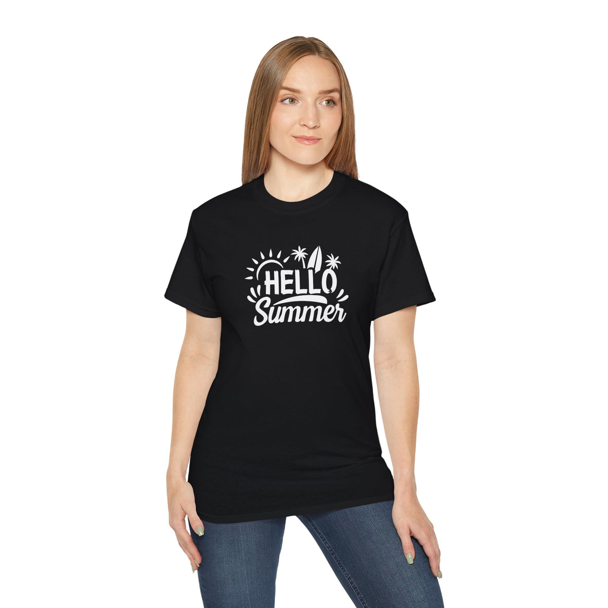 Hello Summer surfboard palm trees T-Shirt | Summer beach graphic tee