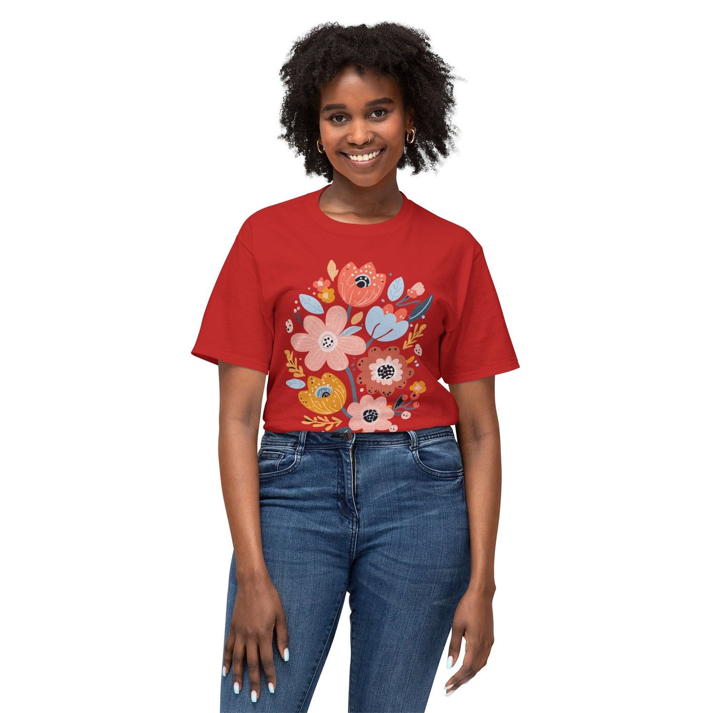 Unisex Floral Art T Shirt with Vintage Flowers Print One Hundred Percent Cotton Tee Printed In USA