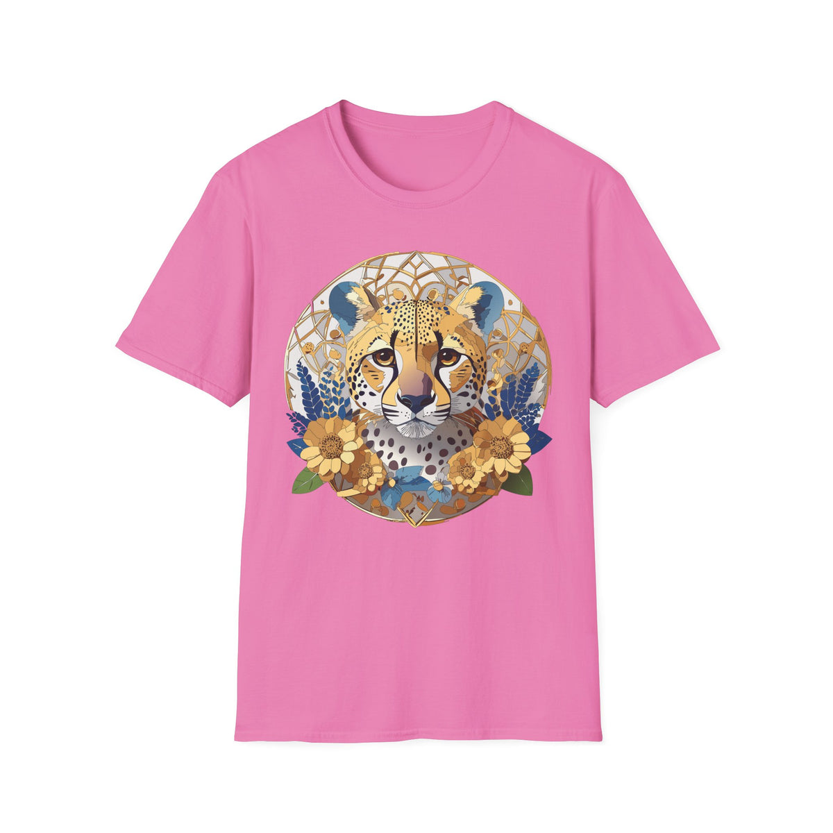 Golden Cheetah Mandala T-Shirt | Floral Boho Animal Illustration