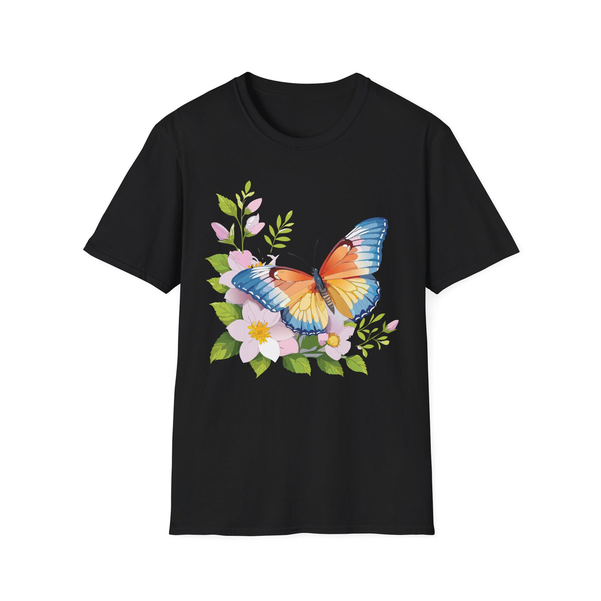 Butterfly Floral T-Shirt — Watercolor Orange & Blue Butterfly on Blossoms Graphic Design Unisex 100 Cotton Gildan T-Shirt