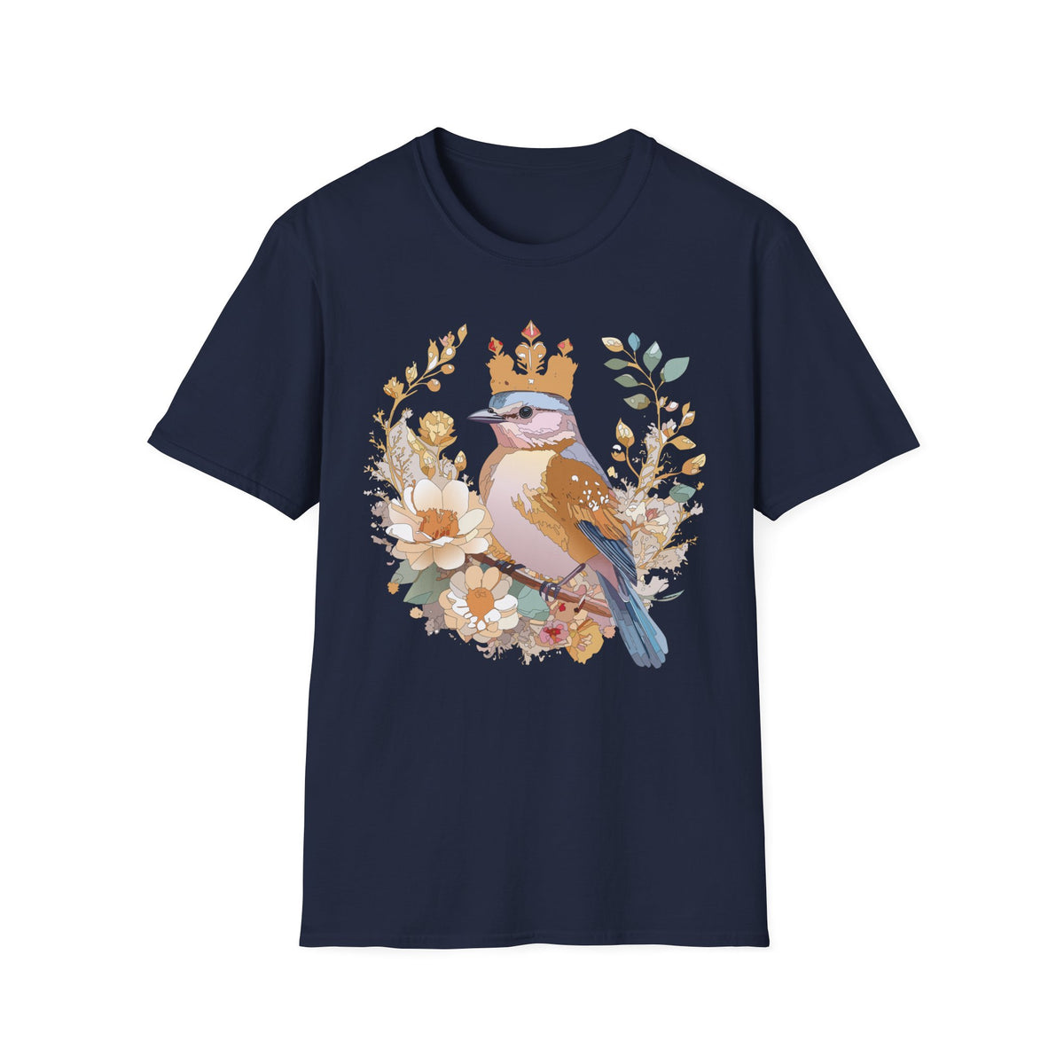 Crowned Blue Jay Bird Floral Illustration T-Shirt | Nature Bird Tee