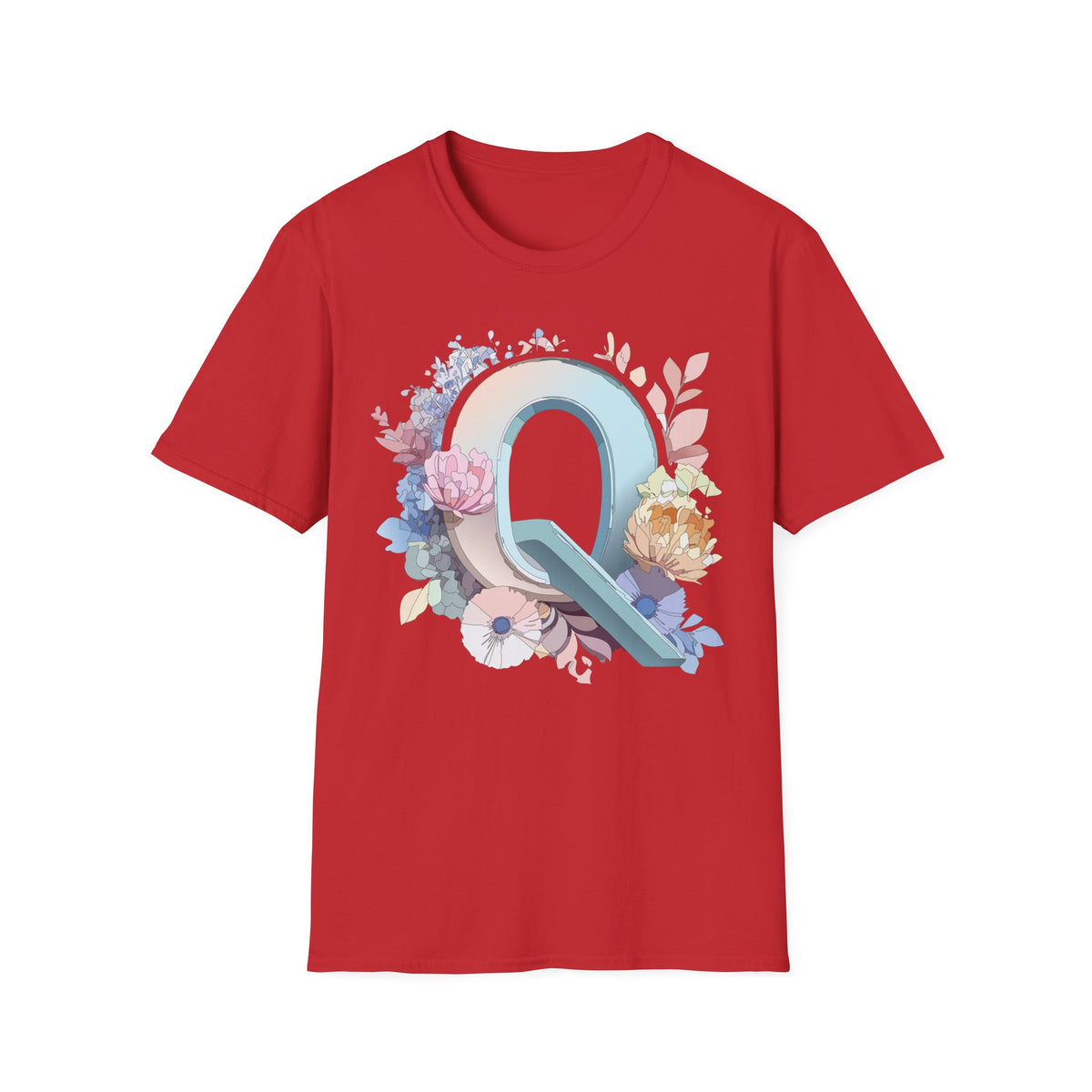 Floral Letter Q T-Shirt | Monogram Initial Tee, Pastel Botanical Alphabet