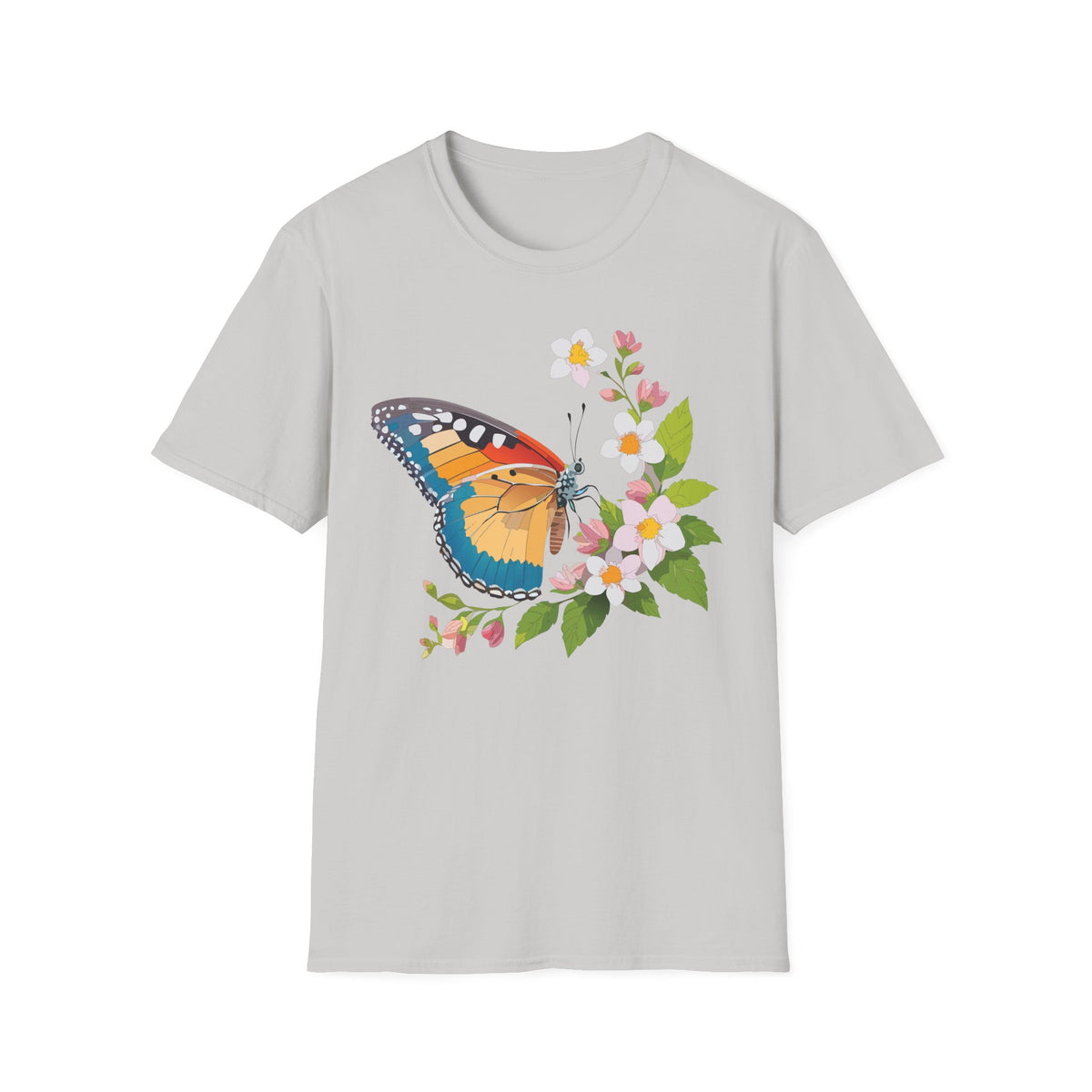Butterfly Floral T-Shirt — Colorful Monarch with Blossoms Graphic Design Unisex 100 Cotton Gildan T-Shirt