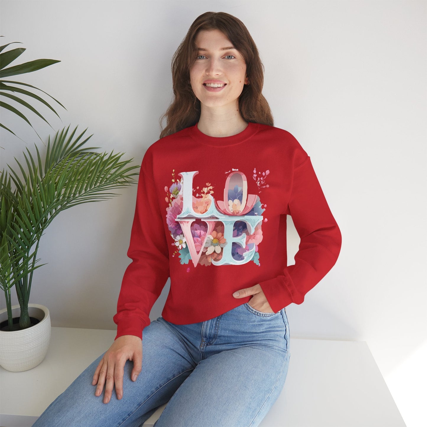 Floral Love Sweatshirt Valentines Day Flower Print Unisex Crewneck Heavy Blend Cotton Polyester