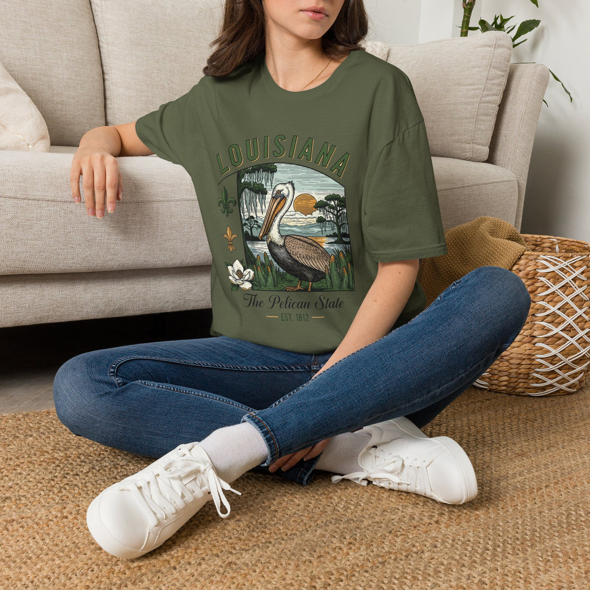 Louisiana Pelican State Graphic T-Shirt — Vintage Bayou Sunset Travel Tourist Graphic Design Unisex 100 Cotton Gildan T-Shirt