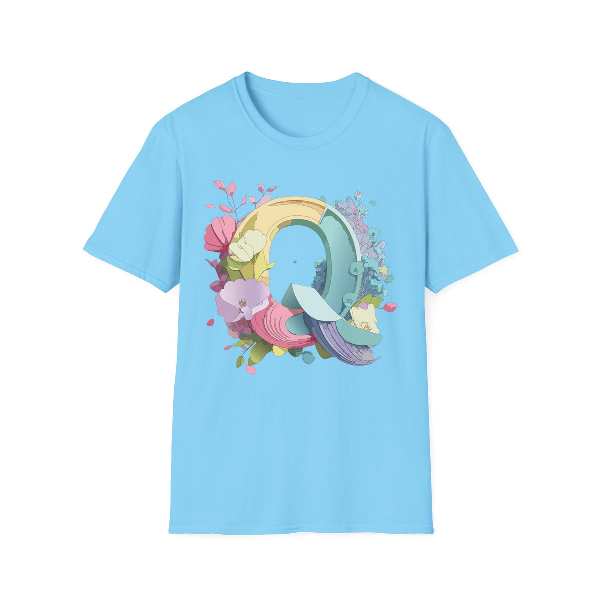 Floral Letter Q T-Shirt | Pastel Rainbow Monogram Tee
