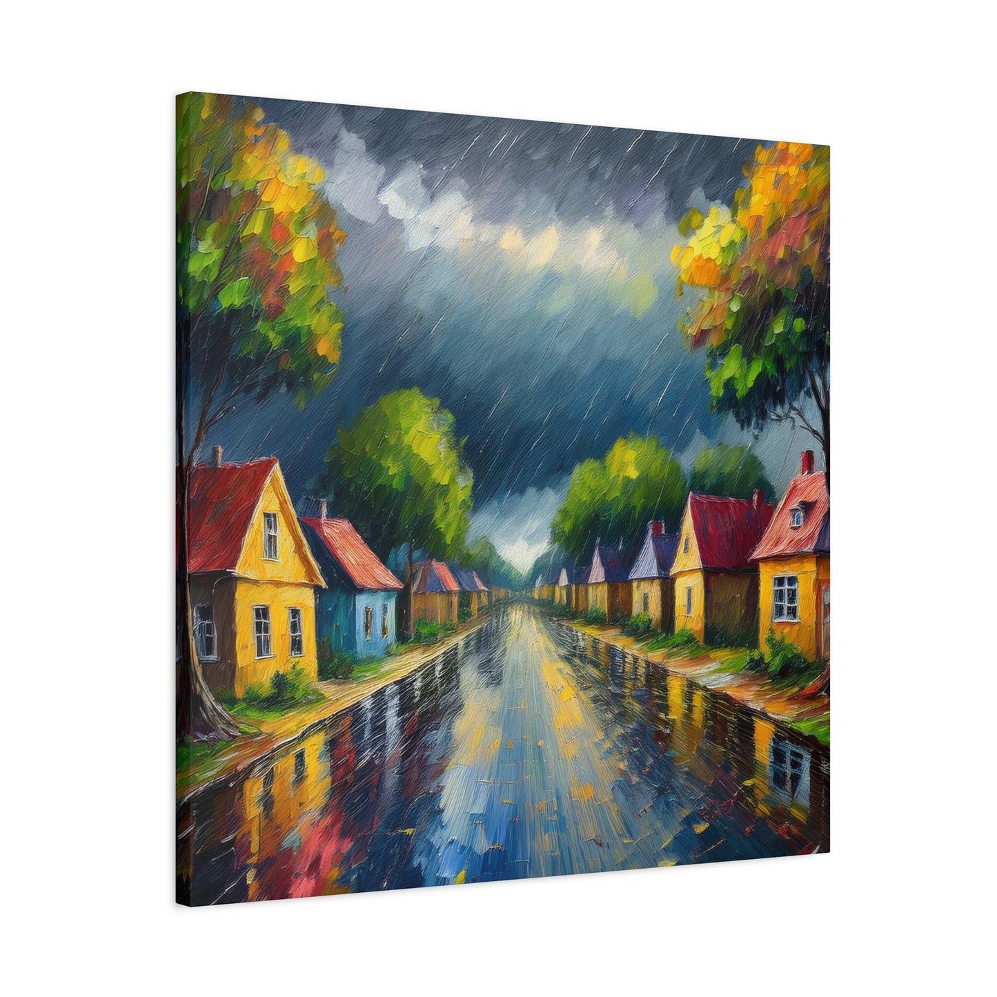 Rainy Village Street Canvas, Matte Oil Paint Print 20x20, 24x24, 30x30, 32x32, 36x36, Art Design Print Non-Frame MC-3