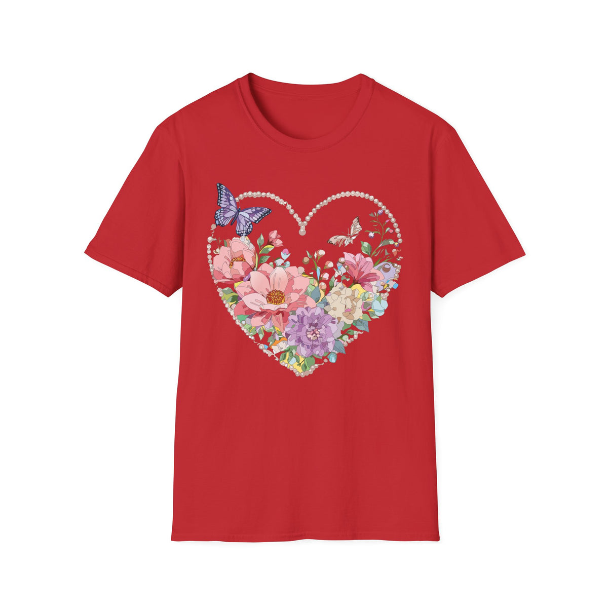 Floral Heart with Butterflies T-Shirt | Romantic Spring Garden Graphic Tee Unisex 100 Cotton Gildan T-Shirt