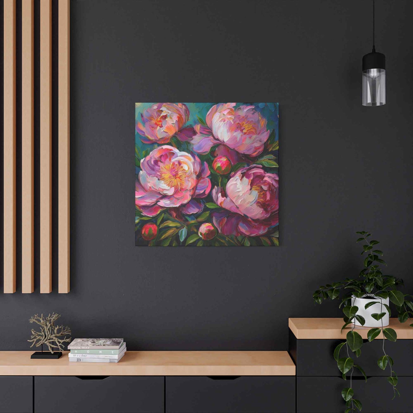 Pink Peonies Print Canvas, Floral Oil Paint Print 20x20, 24x24, 30x30, 32x32, 36x36 Art Design Pine-Wood Inner Frame MC-114