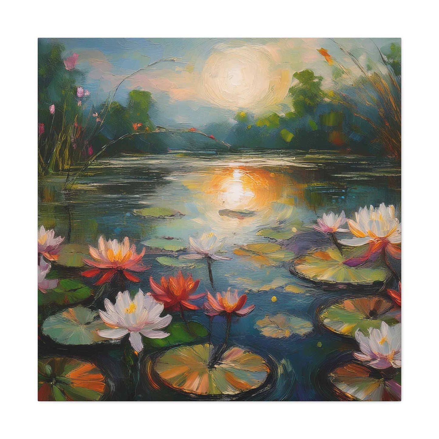 Water Lilies Print Canvas, Oil Paint Print 20x20, 24x24, 30x30, 32x32, 36x36 Floral Art Print Pine-Wood Inner Frame MC-66