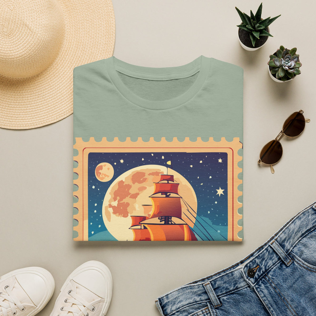 Vintage Sailing Ship T‑Shirt — Nautical Stamp Moonlight Travel Post Graphic Design Unisex 100 Cotton Gildan T-Shirt