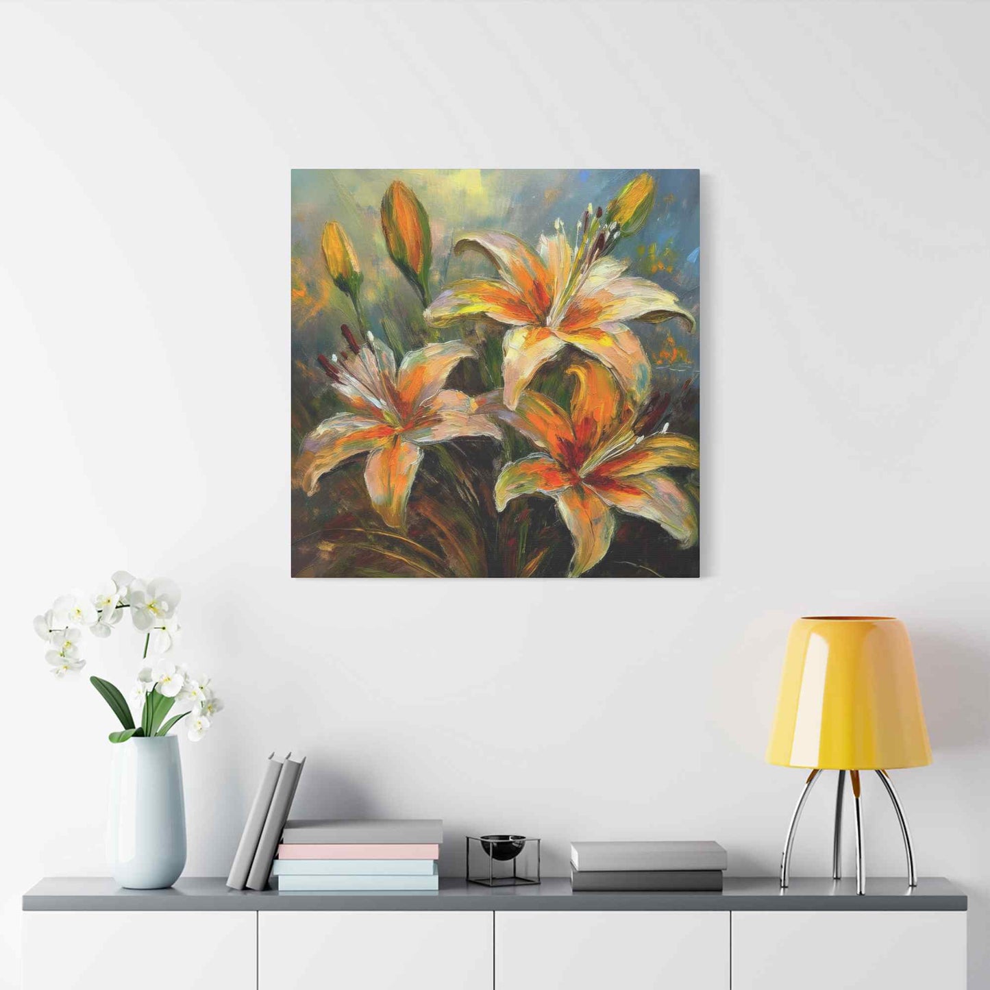 Gold Lilies Print Canvas, Floral Oil Paint Print 20x20, 24x24, 30x30, 32x32, 36x36 Art Design Pine-Wood Inner Frame MC-152