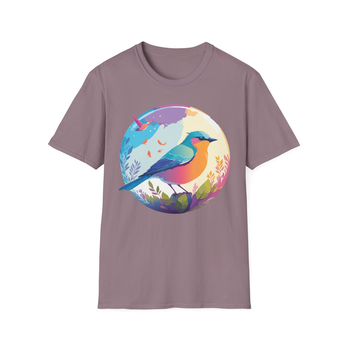 Colorful Bird Illustration T-Shirt | Rainbow Songbird Circle Art
